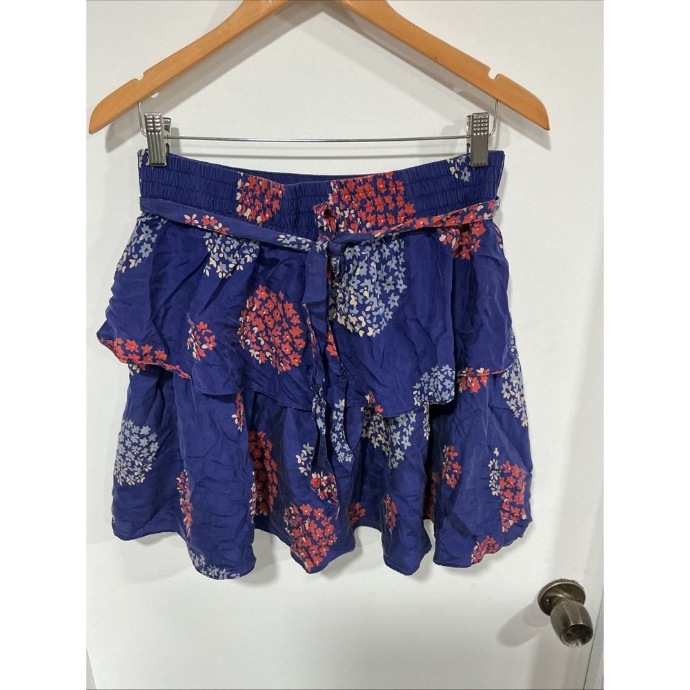 Anthropologie Odille Silk Tiered Ruffle, Skirt Blue Red Floral,Sz 4, Lined - Picture 4 of 11